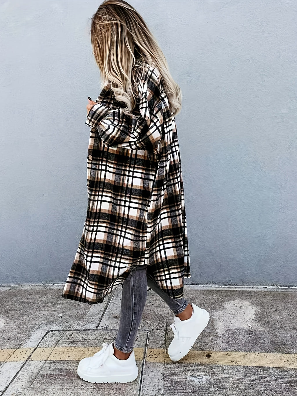 Plaid Print Long Length Jacket, Casual Button Front Flap Pockets Outwear, Women's Clothing - Black