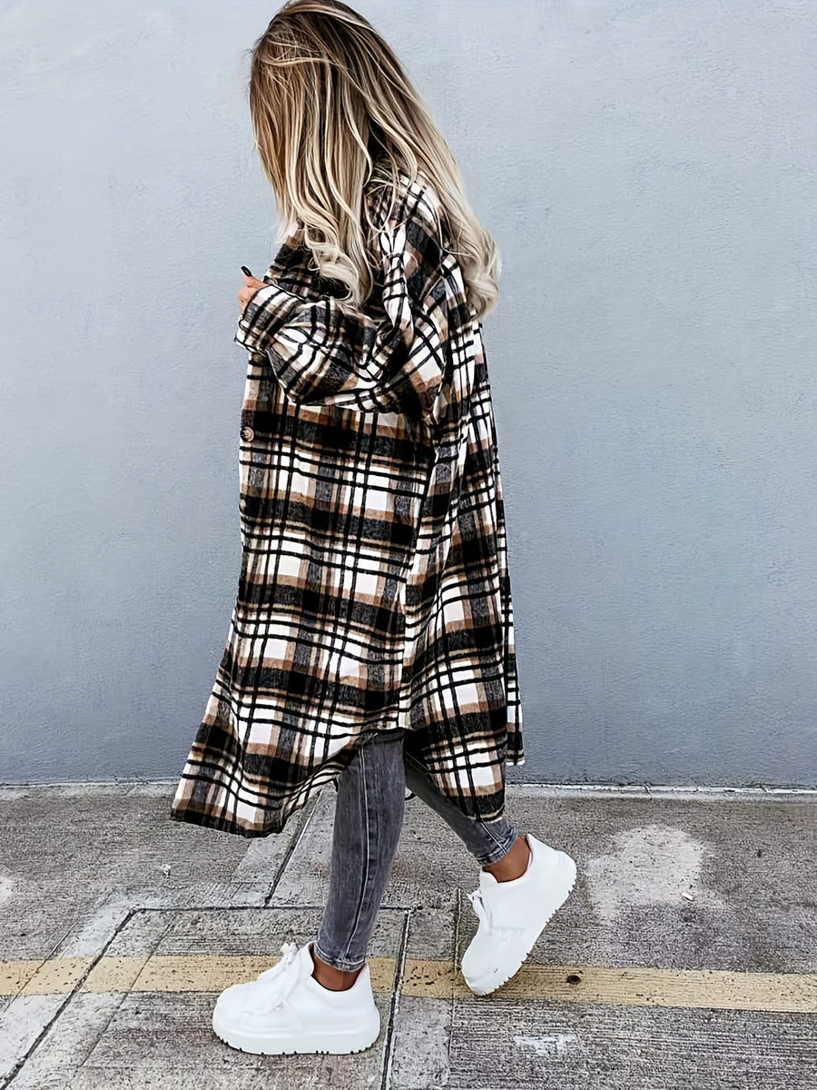 Plaid Print Long Length Jacket, Casual Button Front Flap Pockets Outwear, Women's Clothing - Black