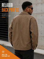 Men'S Lapel Collar Snap Button Utility Jacket, Multi-Patch Pockets Design with Pen Slot, Loose Short Cut Workwear Outer Coat, Durable Fabric Street Style Outerwear for Everyday City Wear - Camel Brown