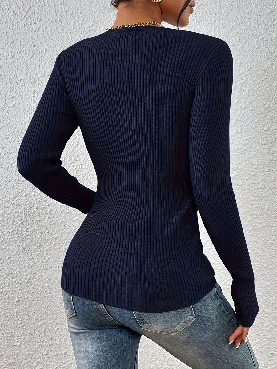 Front button solid ribbed sweater, elegant long-sleeve fitted cardigan, suitable for autumn and winter season, Women's clothing - Navy Color