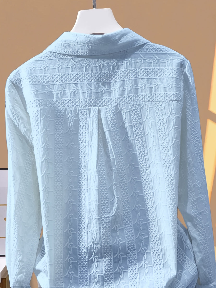 Fashionable and Versatile Polo Collar Shirt for Women, New Spring/Autumn Casual Simple Embroidered Base Layer Top - Light Blue