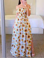 European And American New Women'S Clothing Romantic Sunflower Print Dress One-Shoulder Off-Shoulder Long Waist Fashion Side Slit Dress Temperament Vacation Travel Style Women'S Long Dress - White