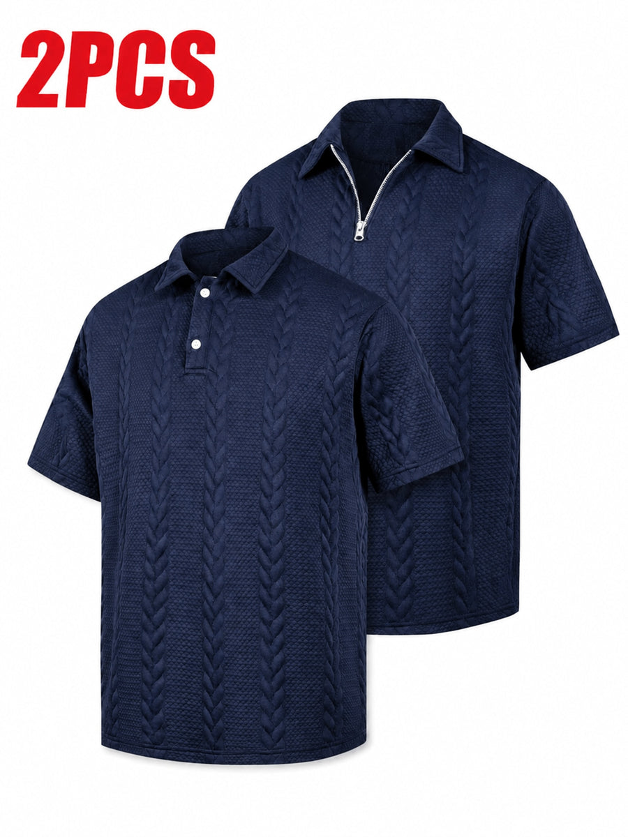 Men'S Wheat Jacquard Polo Shirts, 2pcs Combo Set (Half-Zip And Button Style), 3 Colors Available, Stretch Knit Short Sleeve Tops - Navy Color