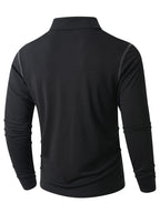 KJ-P029 Men's Long Sleeve Henley Shirt with Contrast Color Placket and Pocket Design, Stretchy, Comfortable, and Casual Polo for Daily Commuting Wear - Black