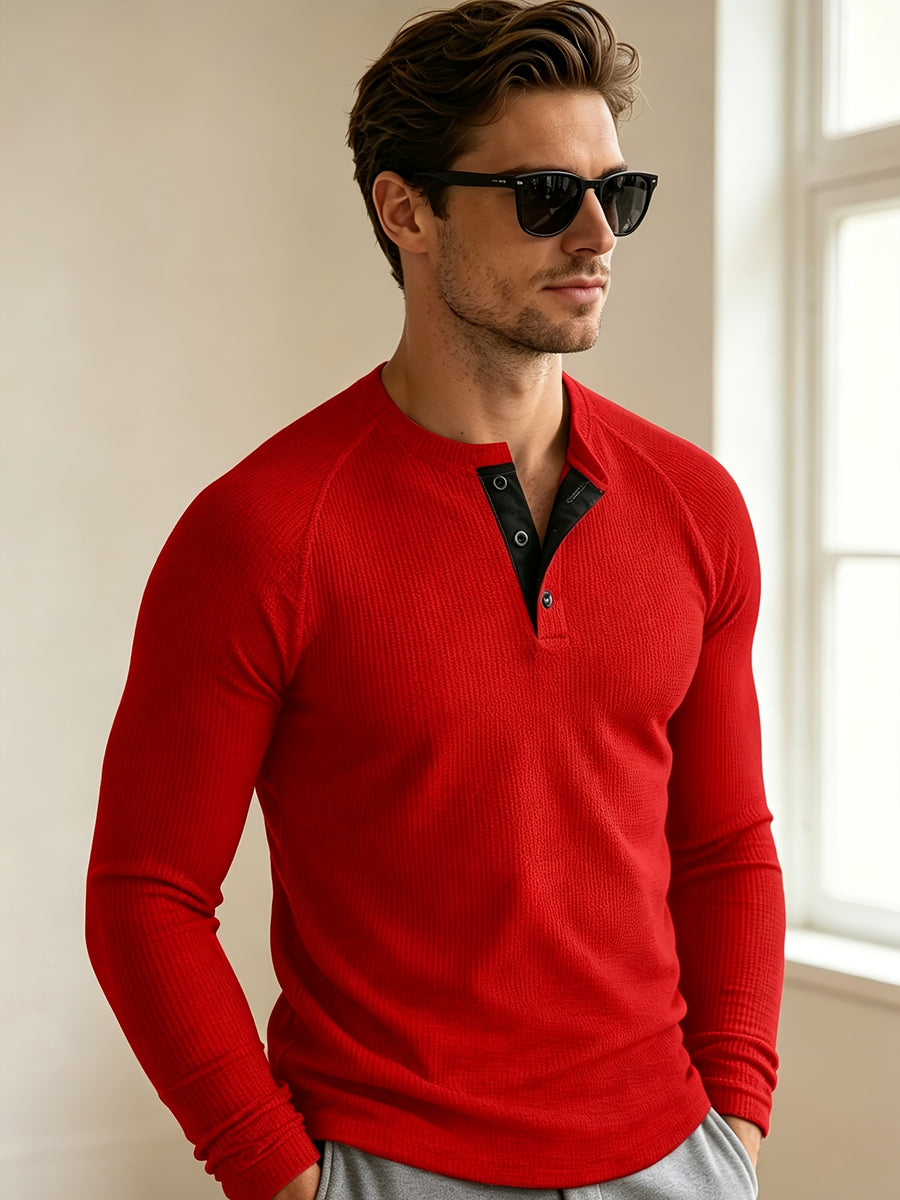 Men's Waffle Knit Henley Long Sleeve Shirts, Raglan Sleeve 3 Button Placket Crew Neck T-Shirt, Casual Slim Fit Lightweight Basic Tops for Daily Workout Outdoor Winter Clothes for Men - Red