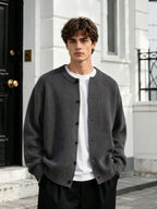 OBM Premium Gray Round Neck Short Knit Cardigan Men'S Fall Winter Loose Lazy Style Single-Button Soft Versatile Casual Sweater Coat - Dark Gray
