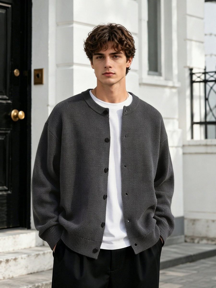 OBM Premium Gray Round Neck Short Knit Cardigan Men'S Fall Winter Loose Lazy Style Single-Button Soft Versatile Casual Sweater Coat - Dark Gray
