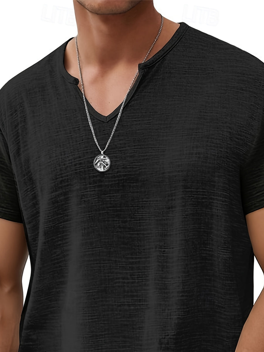Men's Short Sleeve V-Neck T-Shirt - Breathable Summer Casual Solid Color Round Suitable for Hot Weather, Machine Washable V-Neck Top with Short Sleeves, Non- Fabric for Casual Attire, Office & Layering (No Transparency),Fashion Trends Wear - Black