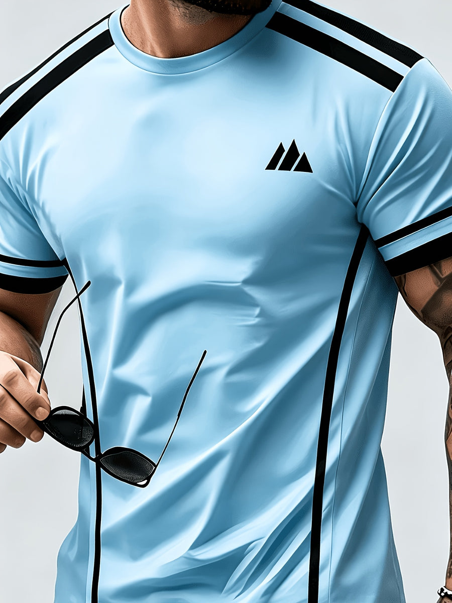 Men'S Trendy Casual Sports T-Shirt, Yellow Black Contrast Striped Mountain Peak Small Label Print Design, Fashionable Thin Breathable T-Shirt, Machine Washable Casual Short Sleeve Top - Mixed Colors 19