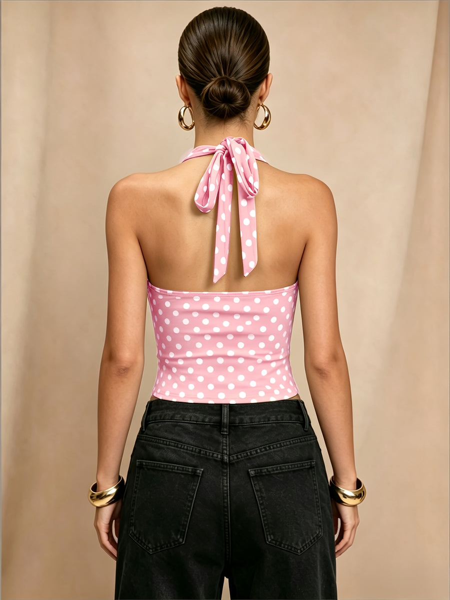 European and American Women's Summer Polka Dot V-Neck Halter Neck Backless Cropped Camisole Top - Pink