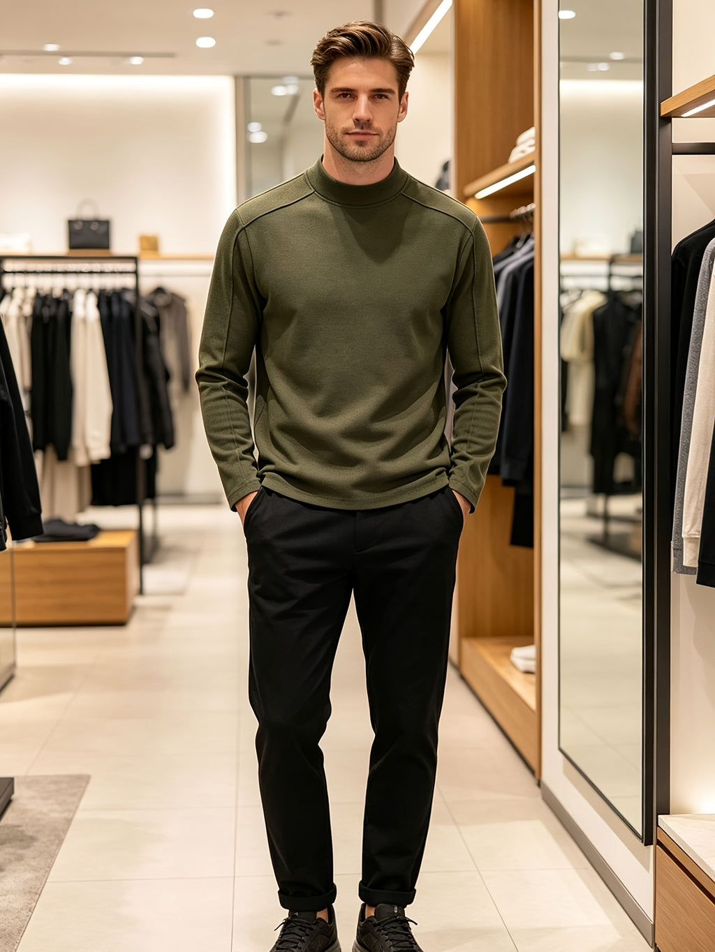 Men's Half-turtleneck Base Layer, Suitable for Wearing Alone in Early Autumn or as a Warm Inner Layer in Late Winter, Adaptable for Both Business and Casual Styles. -SINBOS - Bean Green