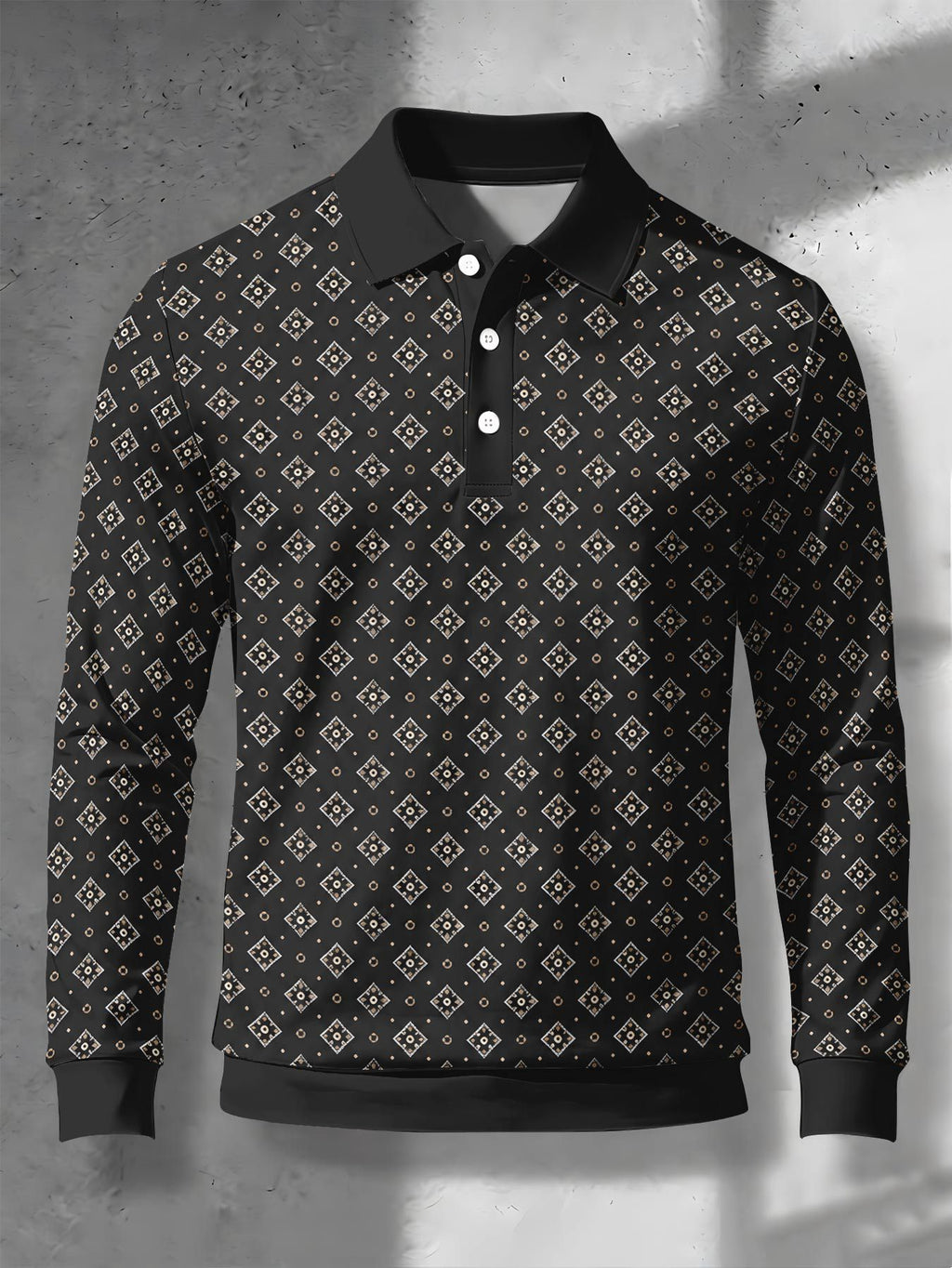Men's Novelty Fashion Long-Sleeve Top with Fine Starburst Vintage Print, Three-Button Polo Shirt with Access Control Design, Punk Street Style Lapel Top for Daily Commuting and Outings, Surprise Birthday and Holiday Gift for Men - Mixed Color B