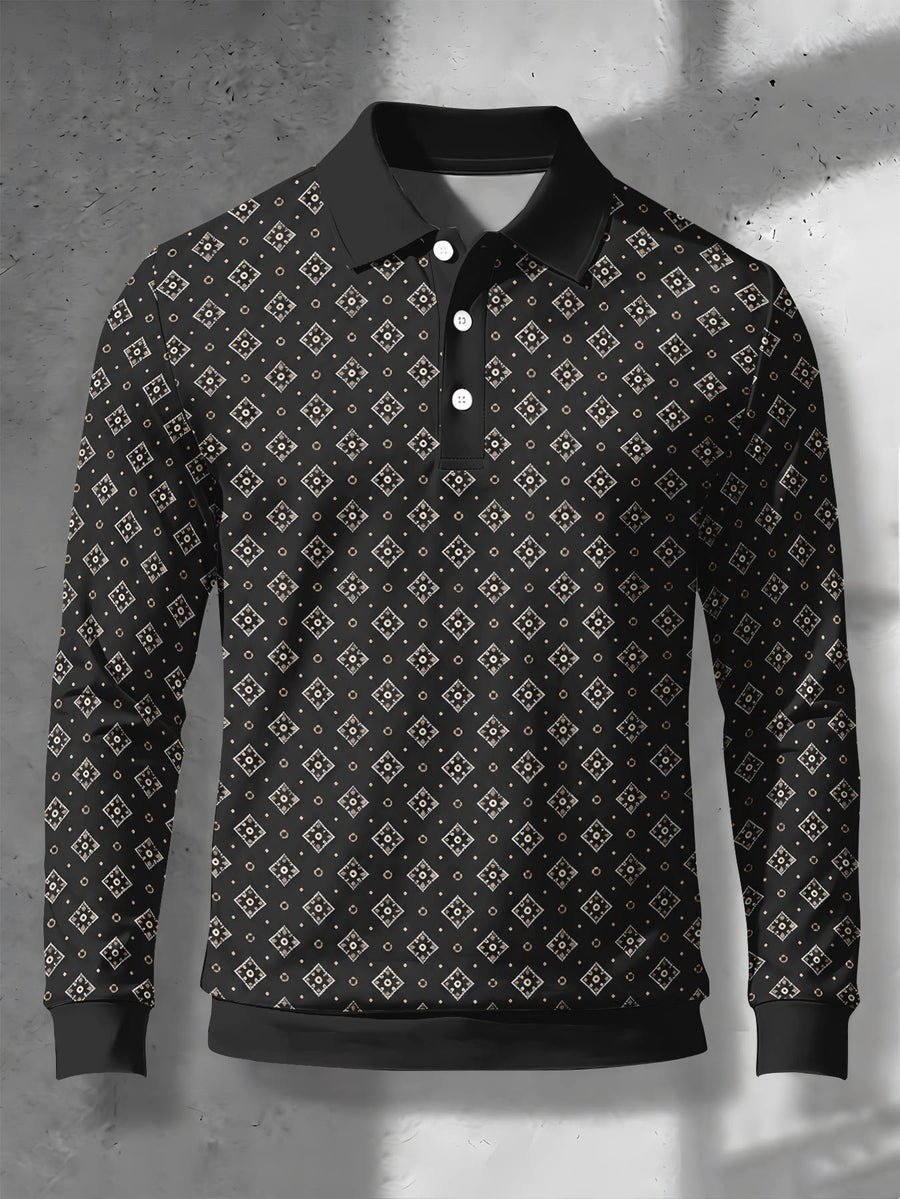 Men's Novelty Fashion Long-Sleeve Top with Fine Starburst Vintage Print, Three-Button Polo Shirt with Access Control Design, Punk Street Style Lapel Top for Daily Commuting and Outings, Surprise Birthday and Holiday Gift for Men - Mixed Color B