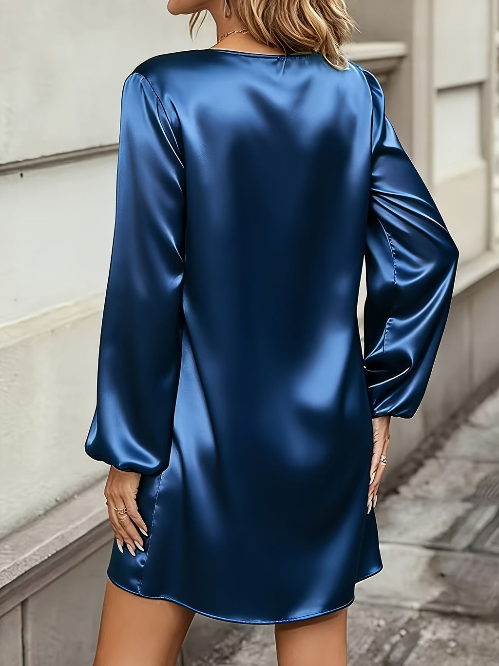 New Section Versatile Easy High-End Elegant V-Neck Solid Color Dress - Navy Color