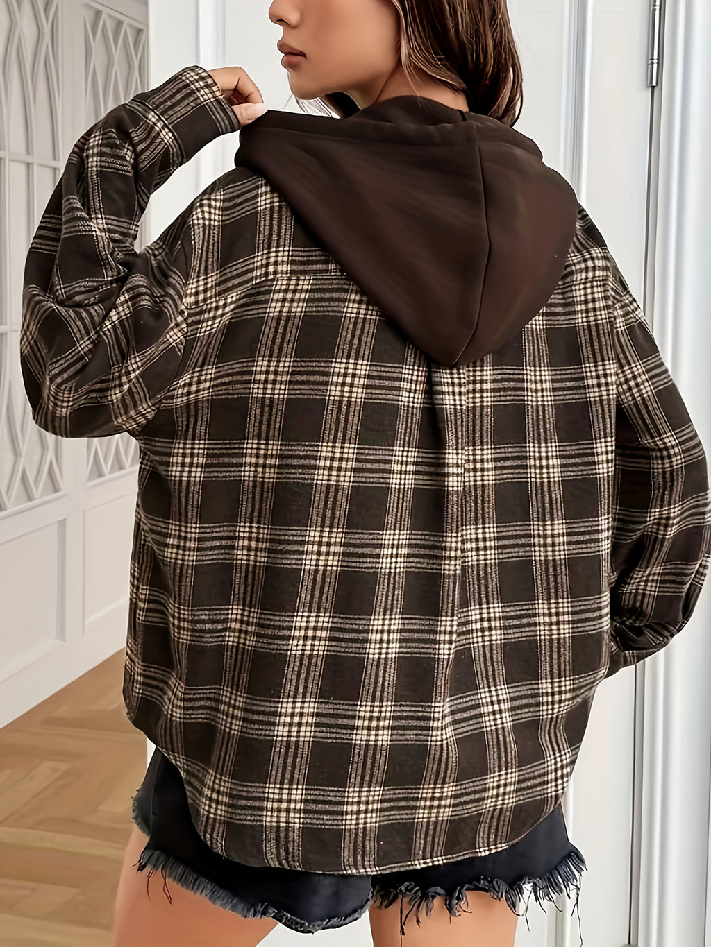 Plus Size - Plus Size - Elegant Women'S Lightweight Plaid Pocket Casual Long-Sleeve Hooded Jacket for Spring And Autumn - Coffee Color