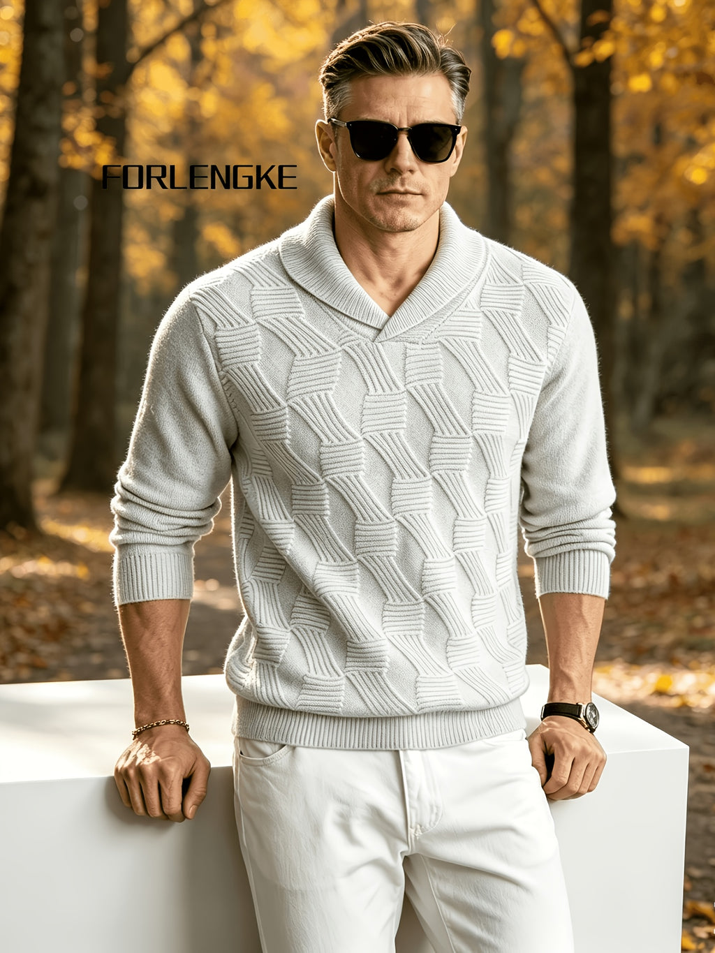 FORLENGKE Men's Business Casual Stylish Geometric Textured Knit Sweater, Soft Warm Long Sleeve Pullover for Fall Winter Office Daily Wear - Ivory White