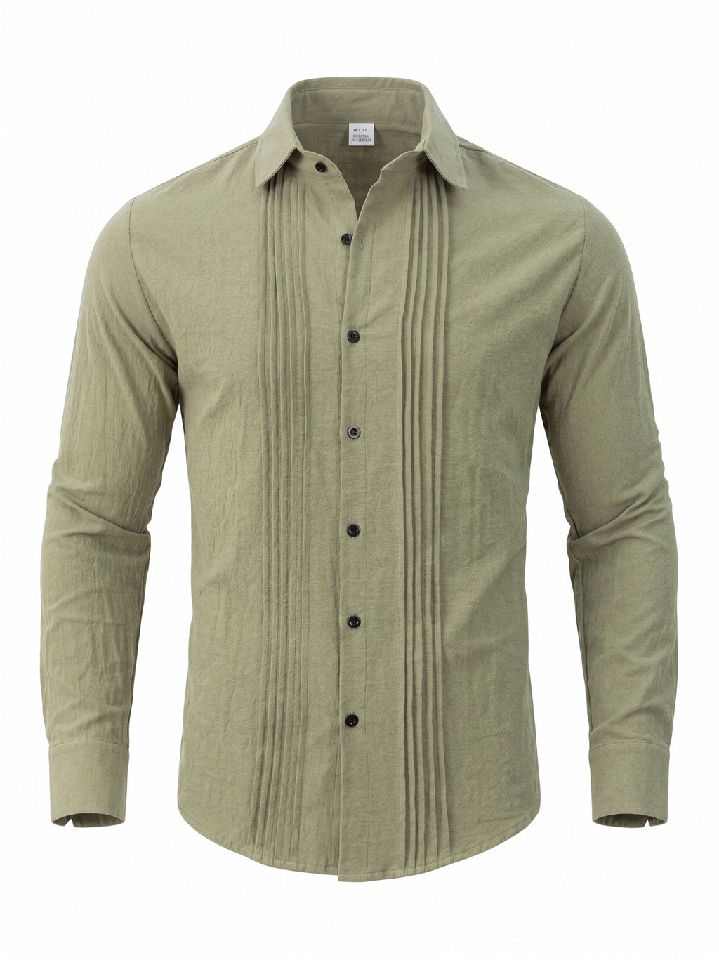 Men's Linen Guayabera Shirt with Lapel Collar & Button Front Panel - Accordion Pleat Chest Texture, Long Sleeve Button-Front Closure Suitable for Beach, Casual, -Casual Wear, Year-Round Versatile Formal & Everyday Button-Up Shirt - Olive Green