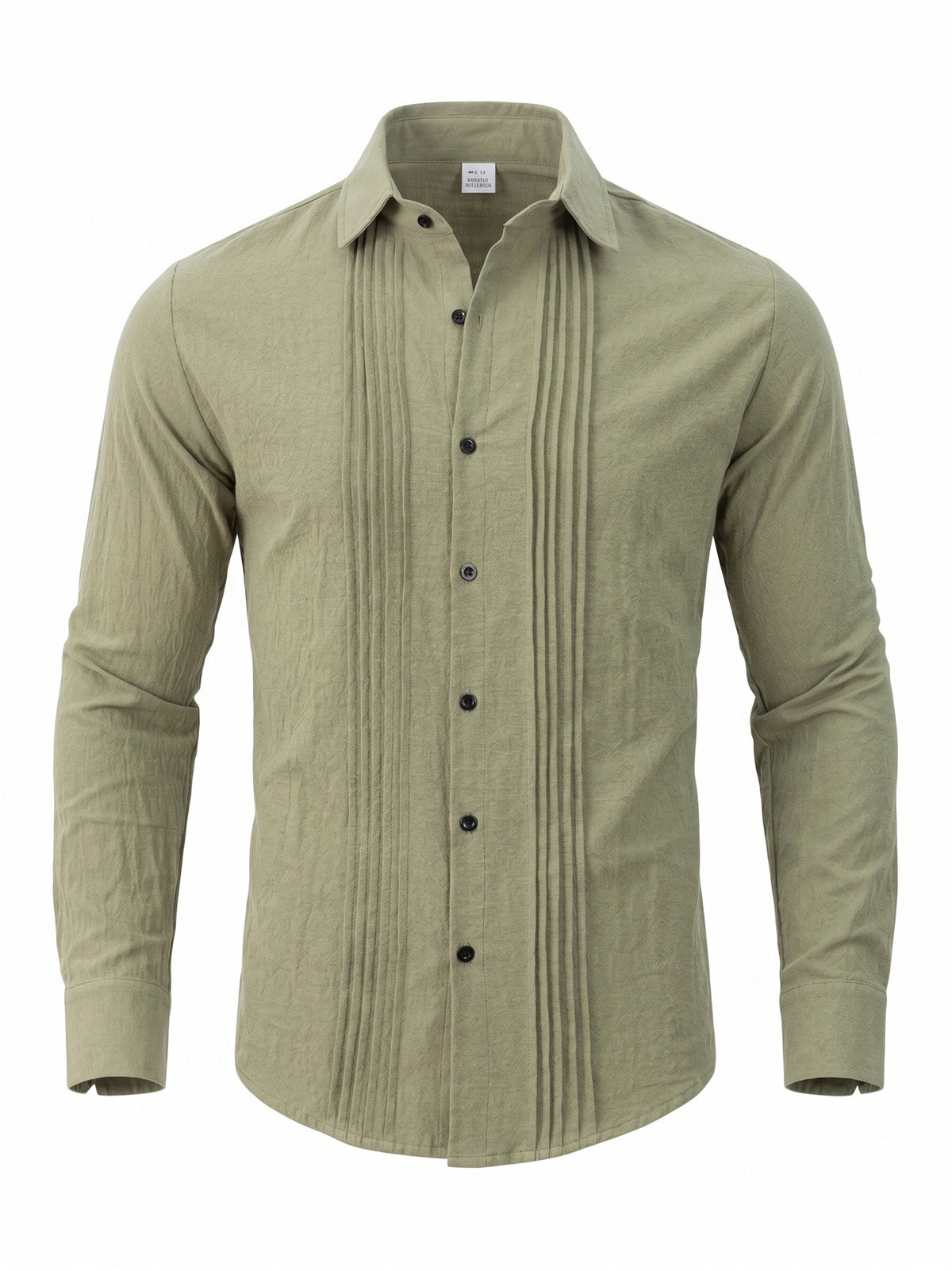 Men's Linen Guayabera Shirt with Lapel Collar & Button Front Panel - Accordion Pleat Chest Texture, Long Sleeve Button-Front Closure Suitable for Beach, Casual, -Casual Wear, Year-Round Versatile Formal & Everyday Button-Up Shirt - Olive Green