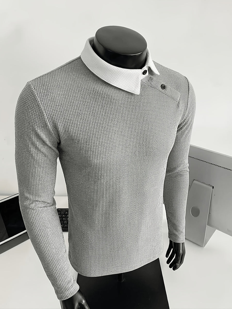 Men's Side-Button Collar Irregular Lapel Knit Long-Sleeve T-Shirt, Contrast-Color Lapel, Slim Fit, High-End Light Business Casual Top - Grey