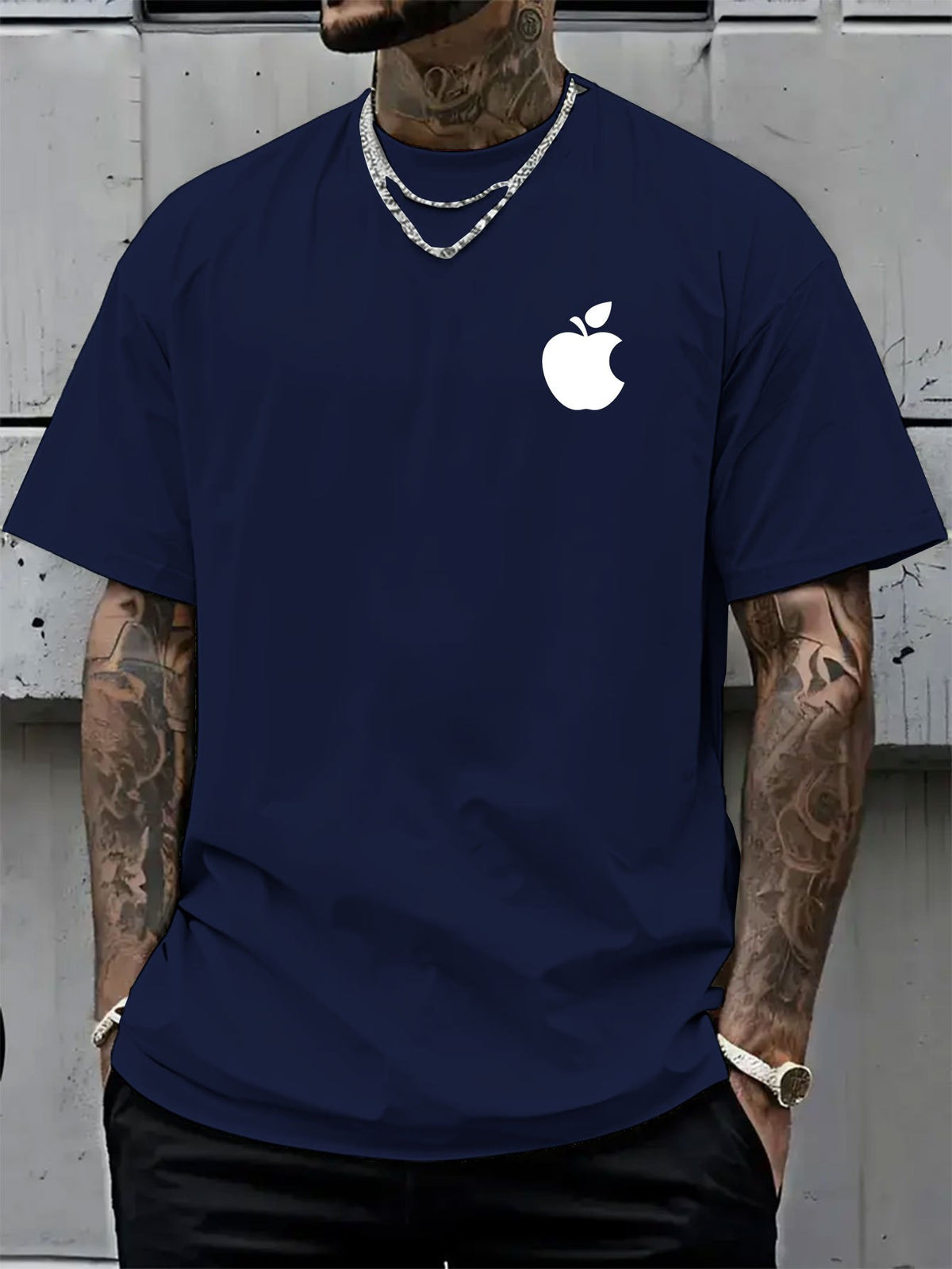 Men's T-Shirt Summer Short Sleeve Lightweight Top Black Big Apple Print Oversized Men's T-Shirt Streetwear Niche High Street Style  Casual Top! Round-neck Short Sleeve Top, Relaxed Loose Knit T-shirt, Suitable for Daily Wear, Casual Sport - Navy Color