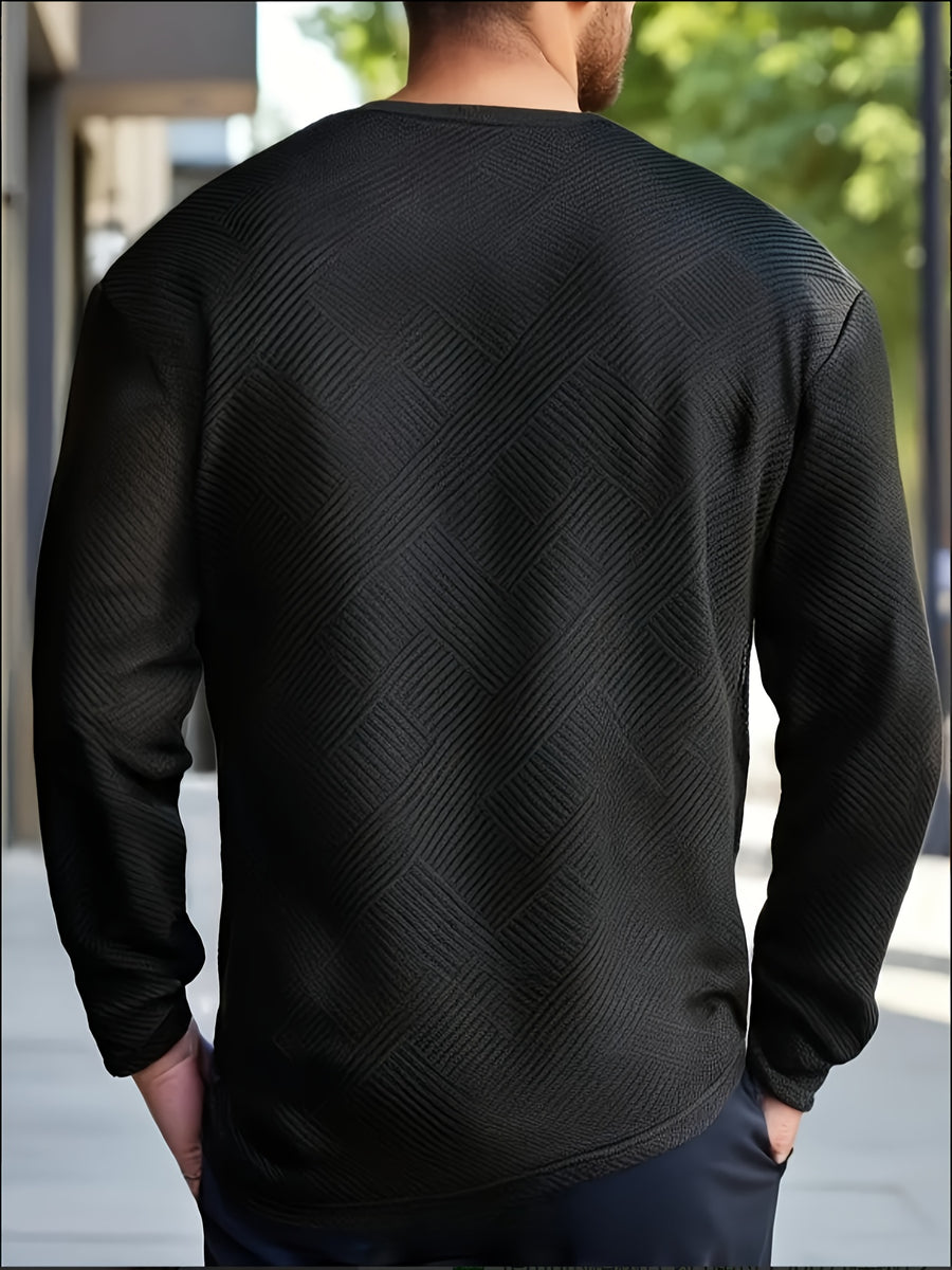 Men's Gift, Men's Fashion Heavyweight Jacquard Crew Neck Long Sleeve Sweatshirt, Casual and Comfortable Top for Spring and Autumn, Daily Outings - Black