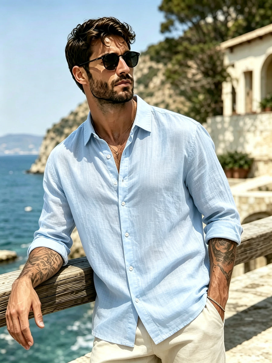 Men's Outdoor Button-Up Long Sleeve Solid Shirt for Back-to-School Season, Regular Fit Suitable for Daily Wear in Spring and Autumn - Sky Blue