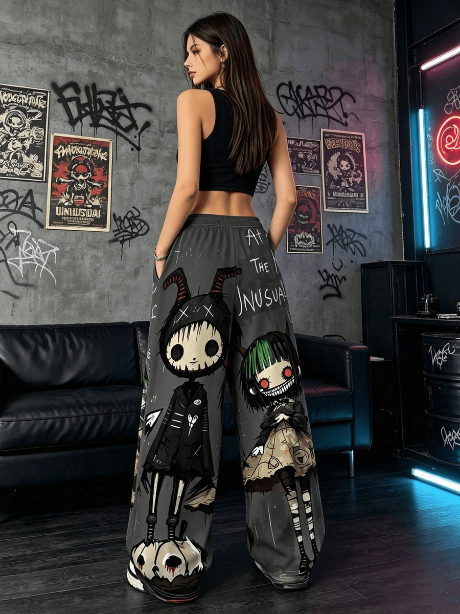 Women'S Digital Print Spring Summer Autumn Retro Horror Doll Cartoon Printed Women'S Trousers, Punk Y2K Subculture Loose Drapey Wide-Leg Pants - Mixed colors
