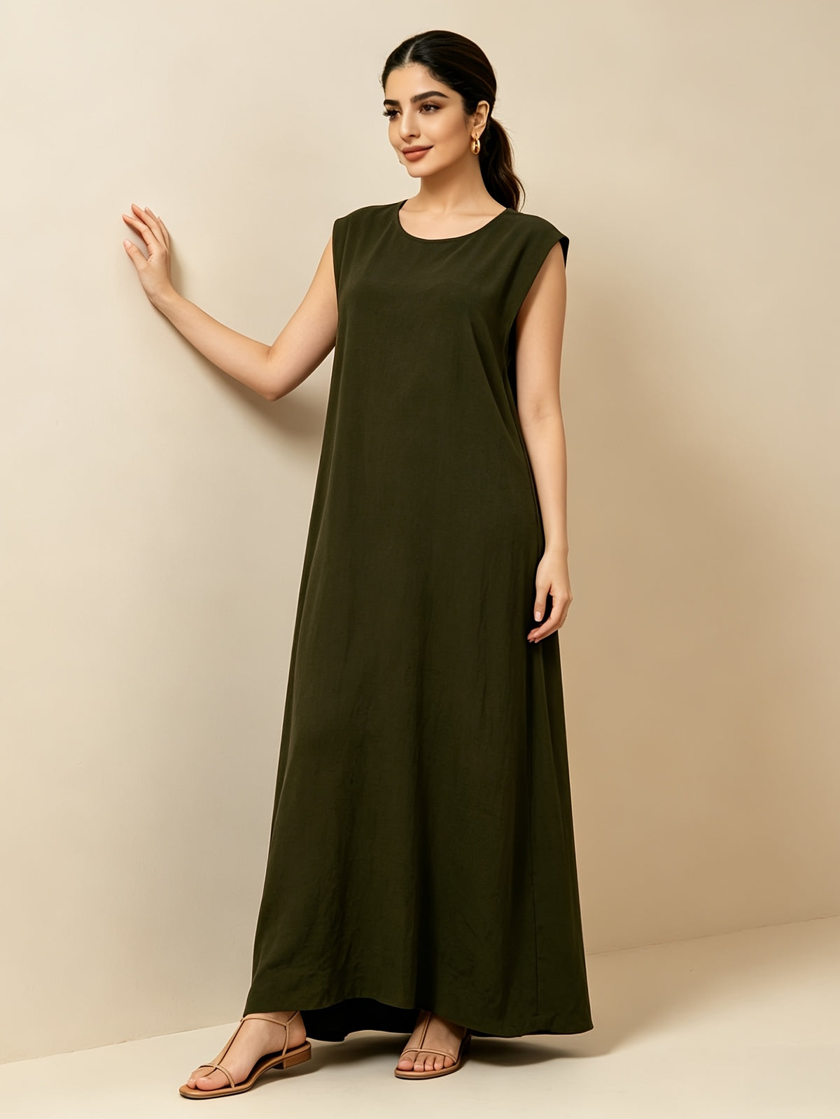 1pc Solid Color Elegant Casual Spring Autumn Suitable for Women'S Daily Base Layer Vest Abaya Muslim Dress Robe Summer Abaya - Olive Green