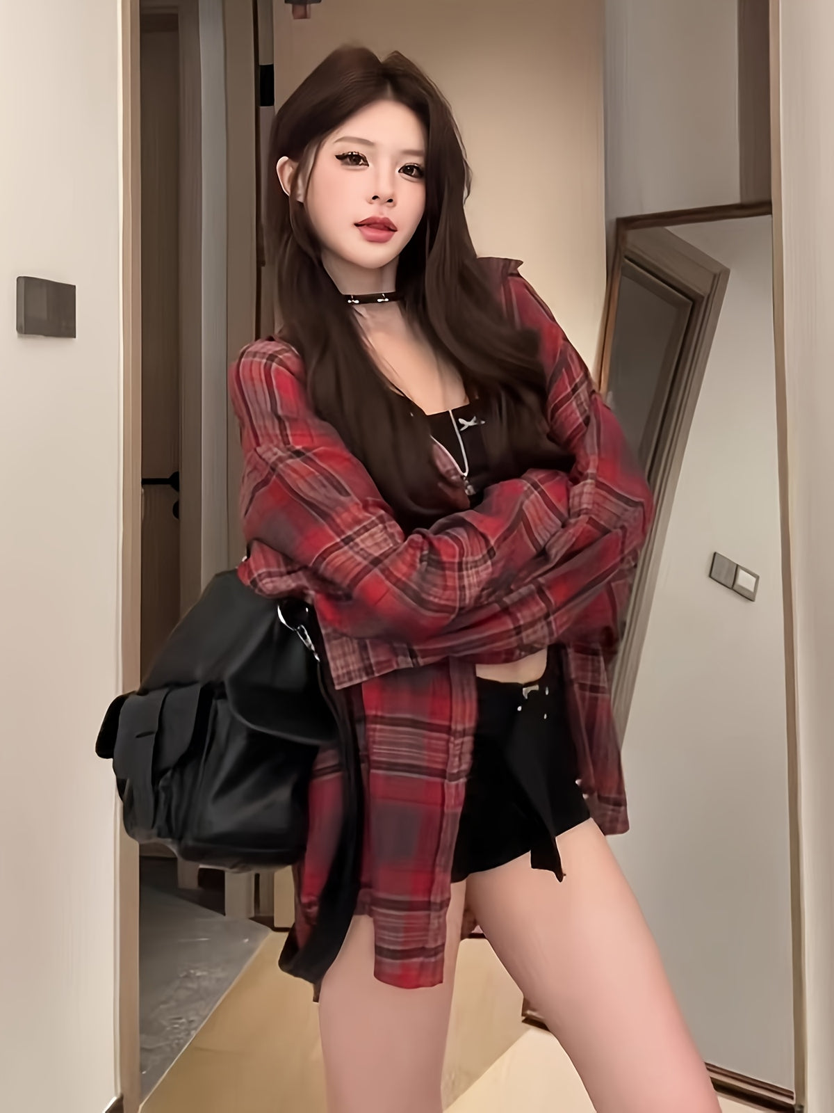 Chiffon Plaid Print Sheer Blouse Top Sunscreen Shirt - Red