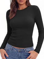 Women'S Round Neck Ribbed Slim Fit Fashion Top Comfortable Casual Short Sleeve Long Sleeve Body Suit Top - Black