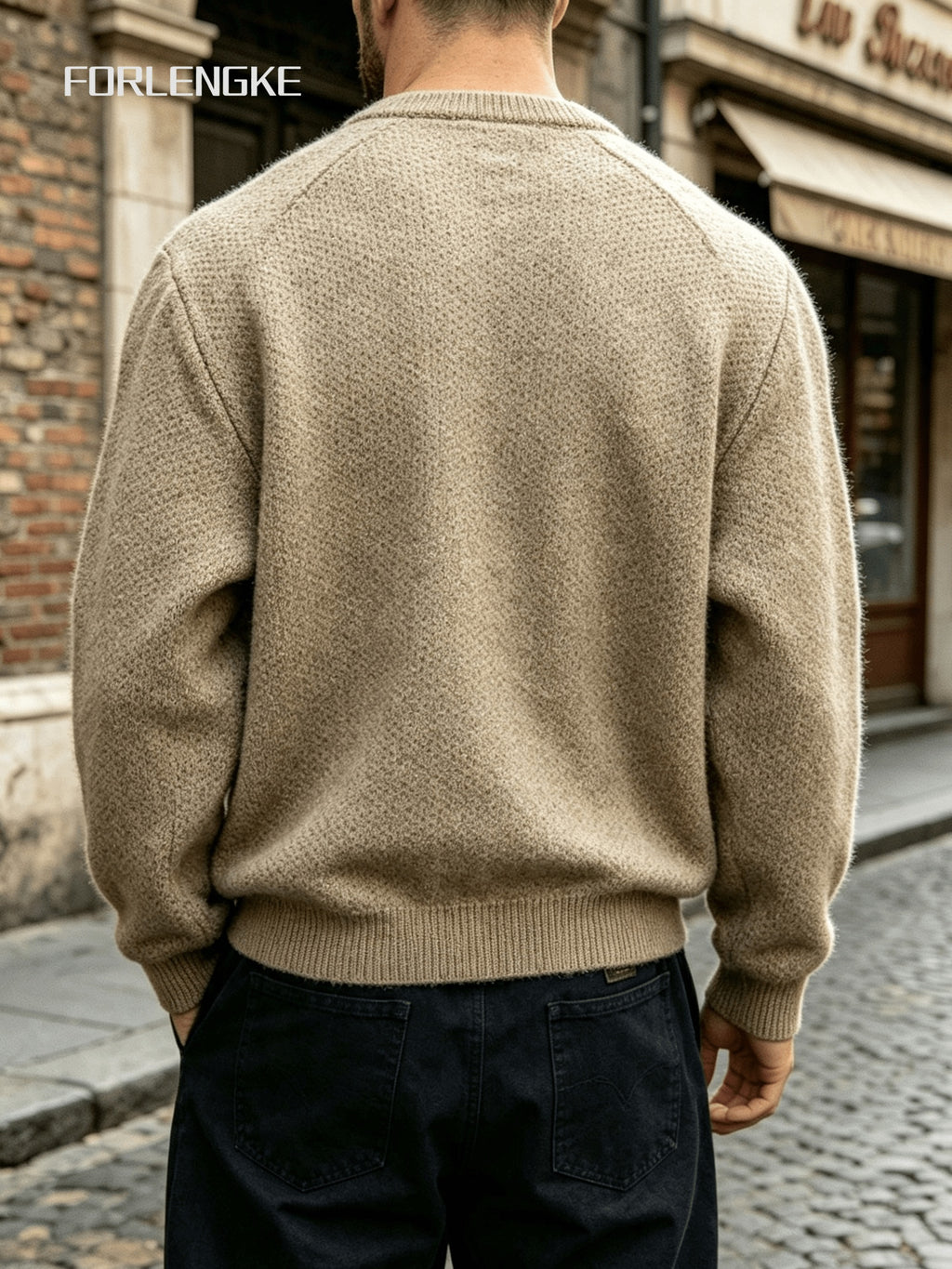 FORLENGKE Autumn Winter Men'S Retro Round Neck Knit Cardigan Heavyweight Hollow Texture Blue Button Loose Sweater Trendy Street Casual All-Match Long Sleeve Top Jacket - Clip Flower Coffee