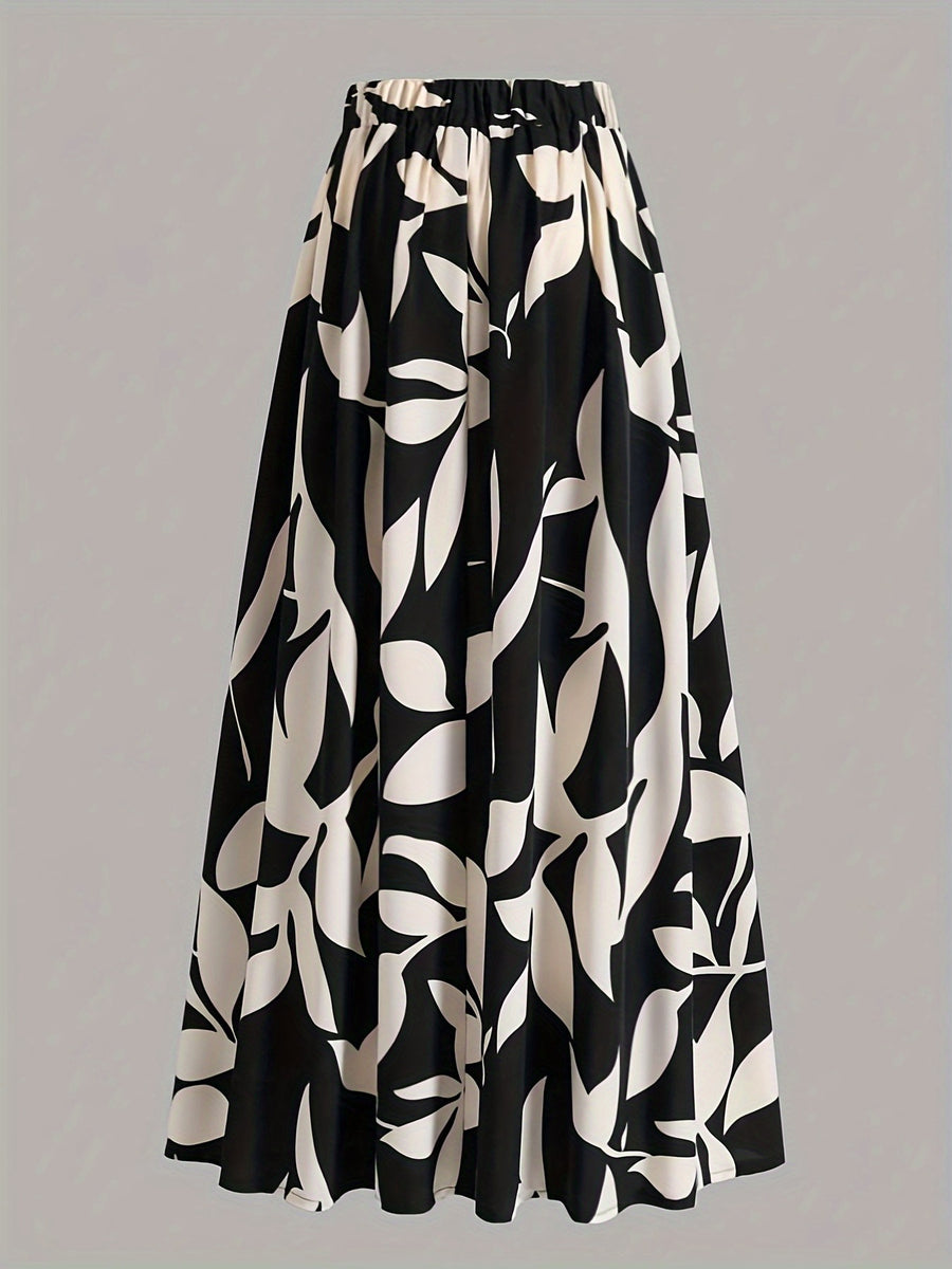 Women's Wide-Length Watercolor Midi Skirt - High-Waisted Loose Skirt Suitable for Spring Summer Fall, Elegant Office to Casual Wear, Machine Washable Skirt - Black And White