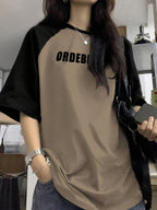 Women's, Brown Color Clash Letter Print Crew Neck Tee, Casual Raglan Sleeve Top, Suitable for Spring, Summer and Fall - Camel
