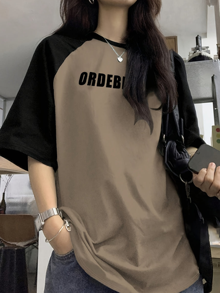 Women's, Brown Color Clash Letter Print Crew Neck Tee, Casual Raglan Sleeve Top, Suitable for Spring, Summer and Fall - Camel