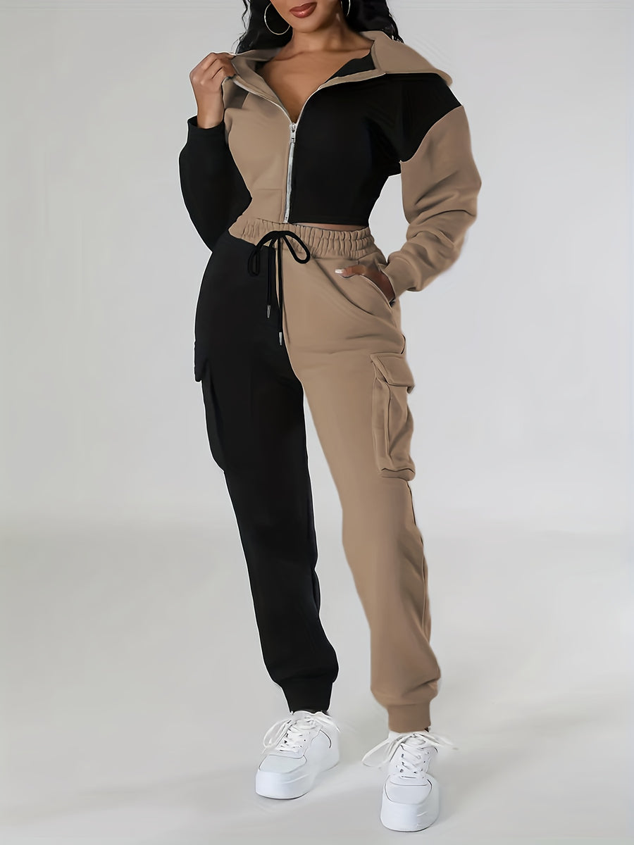 Fashion Women'S Clothing, Color-Block Hooded Casual Set - Black And Brown