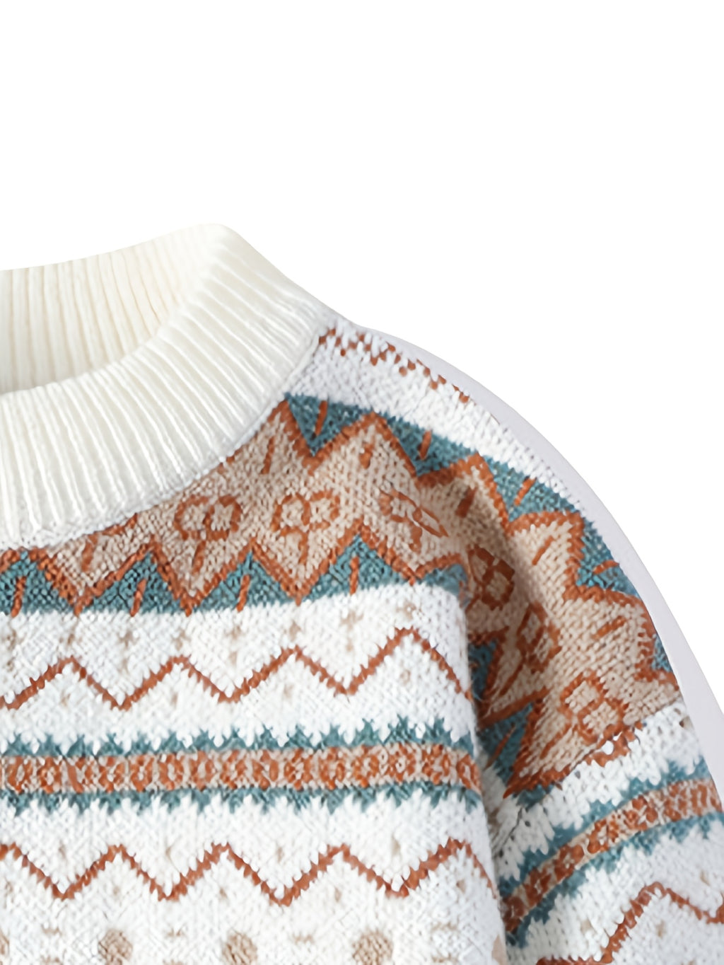 Men'S Round Neck Sweater, Autumn And Winter New Style, Personalized Ethnic Style, Fashionable Contrasting Color Knit Sweater, Warm Pullover, Base Top - Off-white