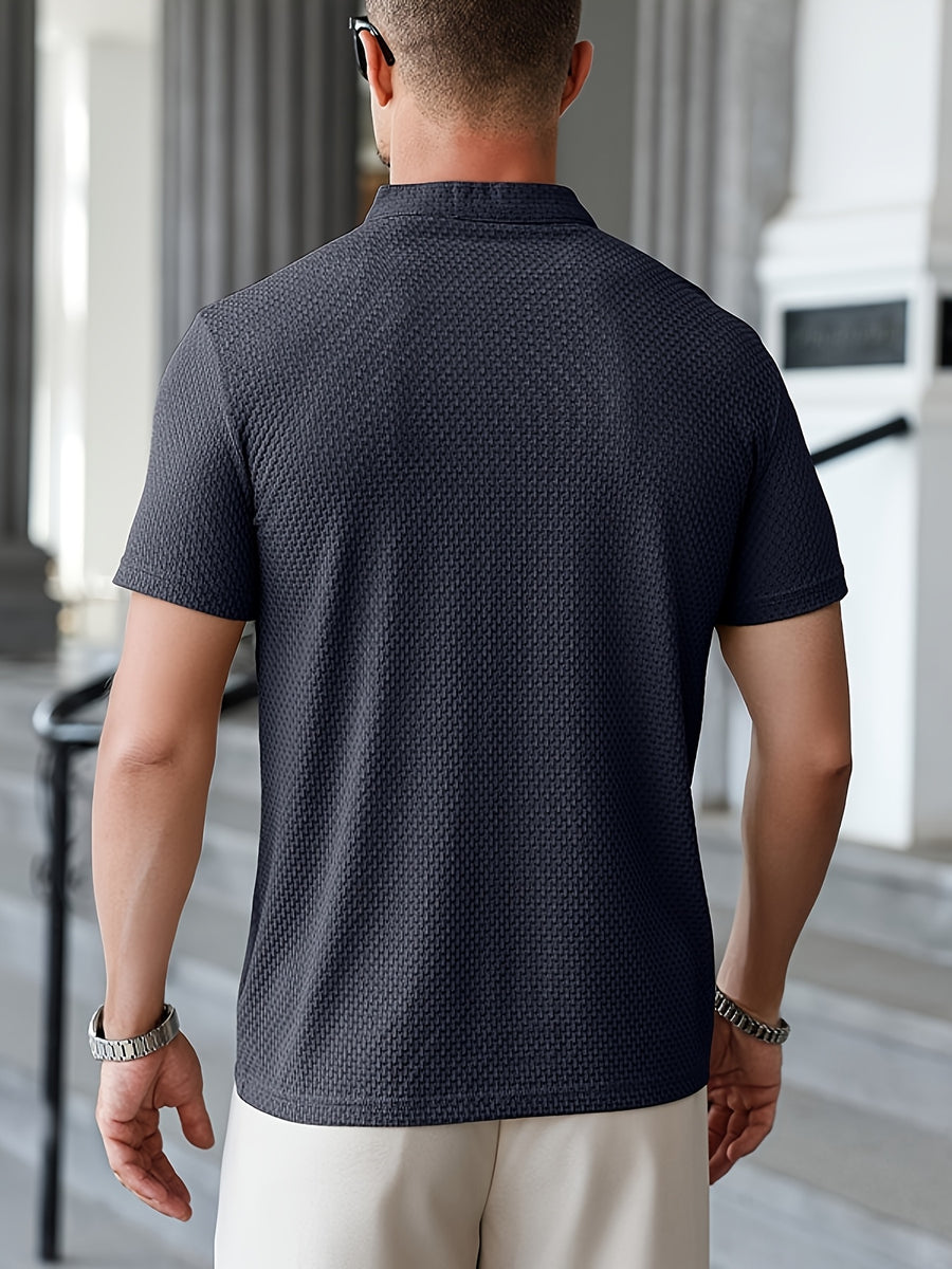 Men'S Waffle Texture Mandarin Collar Polo Shirts, Lightweight Quick-Dry Stretch Short Sleeve Summer Business Casual Tees - Grey