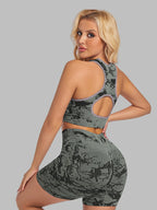 Women's Sportswear Set,  Tie-Dye Yoga Fitness Running Bra and Shorts Bodysuit - Light Grey