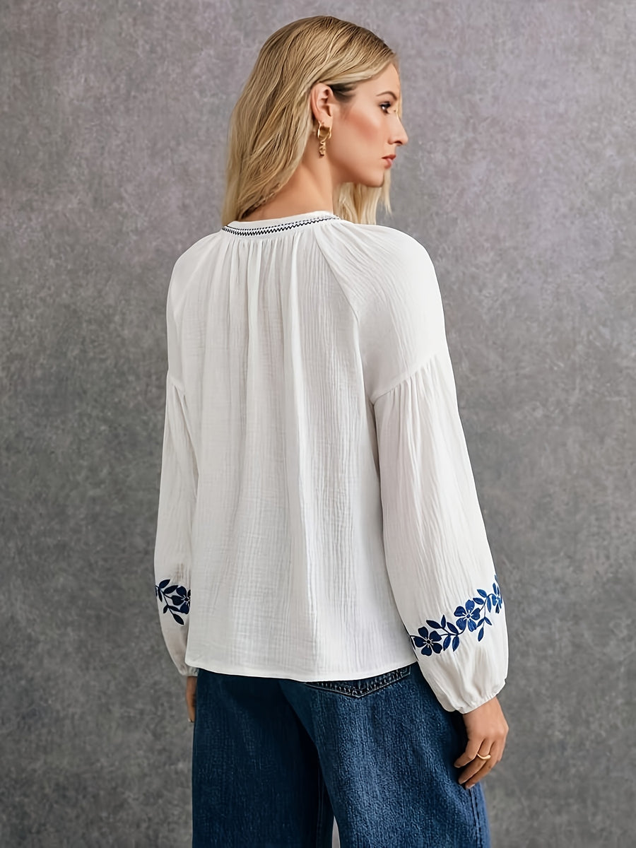 French-style Embroidered Ethnic-inspired Double-layer Breathable Fabric Long-sleeve Shirt, Offering Ease, Comfort, and Breathability, Perfect for Daily Wear, Commuting, and Vacations - White