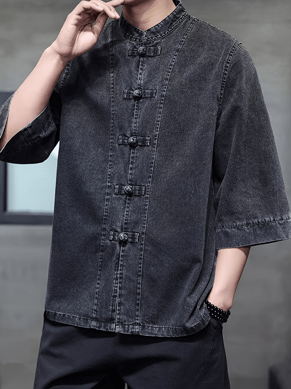 New Chinese Retro Button-Up Denim Jacket Men'S Summer Tang Suit National Style Loose Plus Size 3/4 Sleeve Tea Dress Trendy - Black