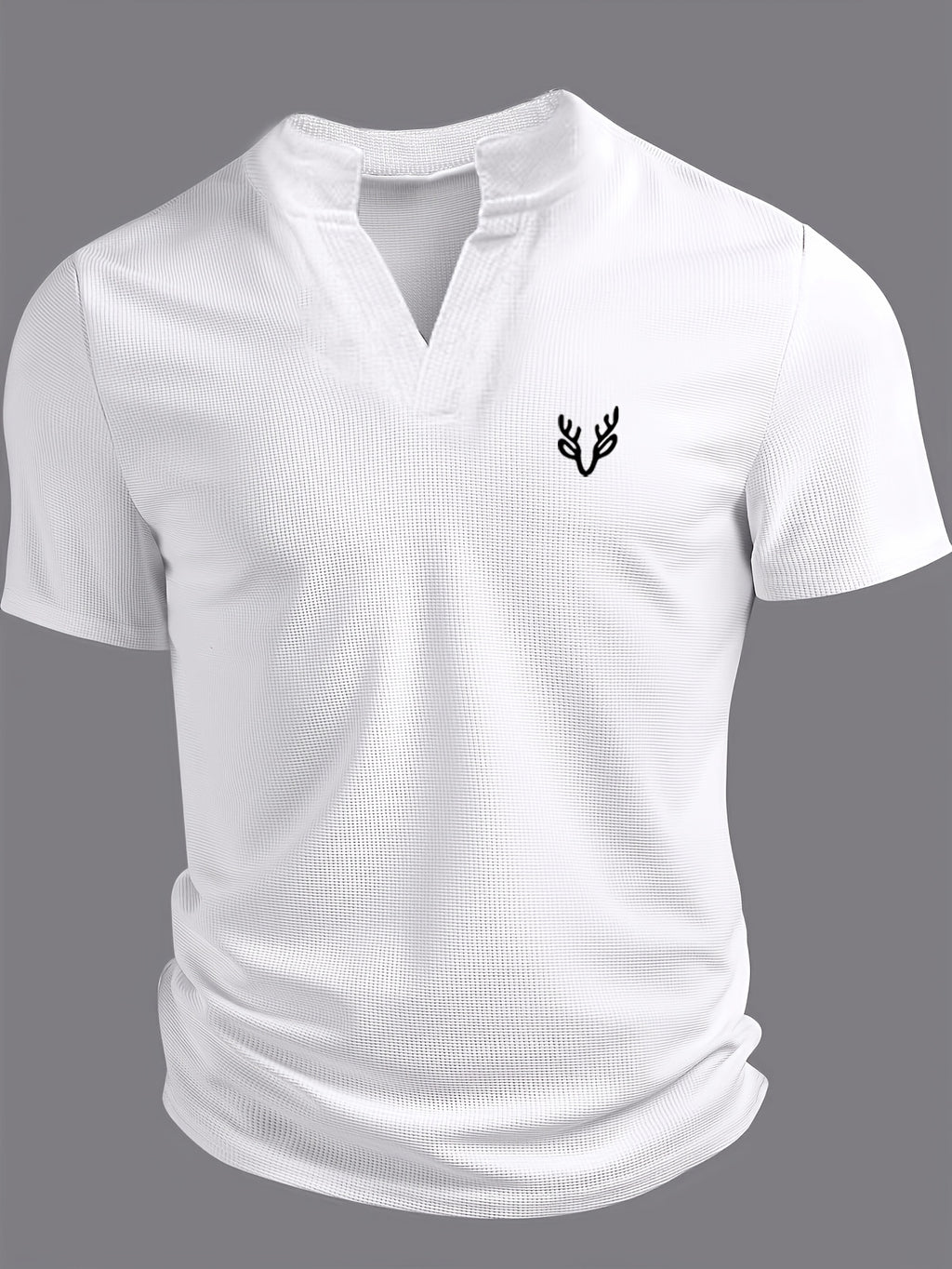 Men's V-neck Short-Sleeve T-shirt with Unique Small Print, Waffle Knit Fabric, Comfortable Men's Half-Sleeve Top - White 1