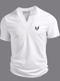 Men's V-neck Short-Sleeve T-shirt with Unique Small Print, Waffle Knit Fabric, Comfortable Men's Half-Sleeve Top - White 1