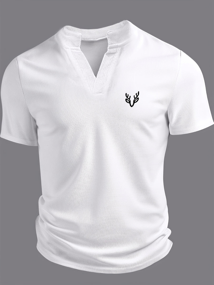 Men's V-neck Short-Sleeve T-shirt with Unique Small Print, Waffle Knit Fabric, Comfortable Men's Half-Sleeve Top - White 1