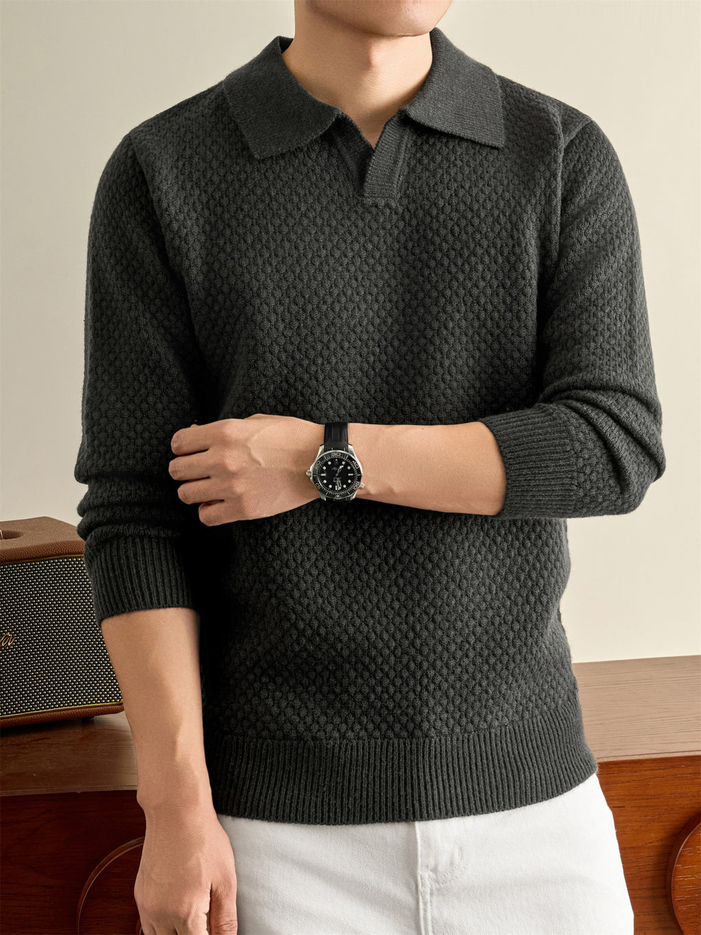 Autumn Winter Knit 3D Solid Color Lapel Polo Sweater, Basic Knit Pullover Top for Men, Fashionable Long Sleeve Sweater, Size S - Gray Green