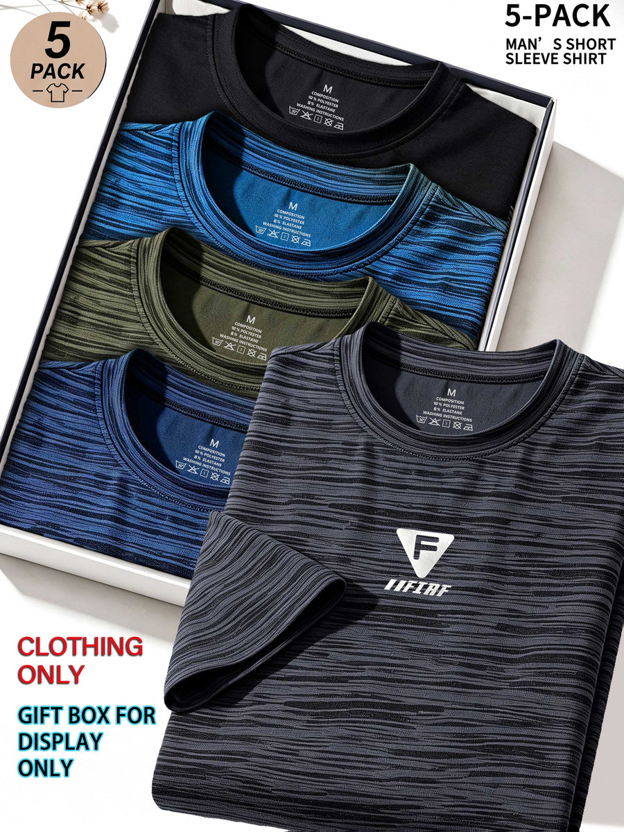 5pcs Men's Sports & Fitness Breathable Quick-Dry T-Shirts, Outdoor Travel Casual Running Printed Short-Sleeve Tees, Easy to Clean and Maintain, Lightweight T-Shirts for Daily Leisure and Gatherings, Classic Crew Neck Shirts - Dark Gray + Dark Blue + Army Green + Orchid Blue + Black