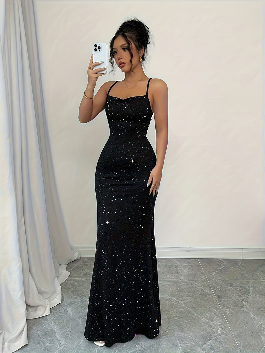 Women's Sparkling Strapless Backless Mermaid Gown for Formal Occasions - Black