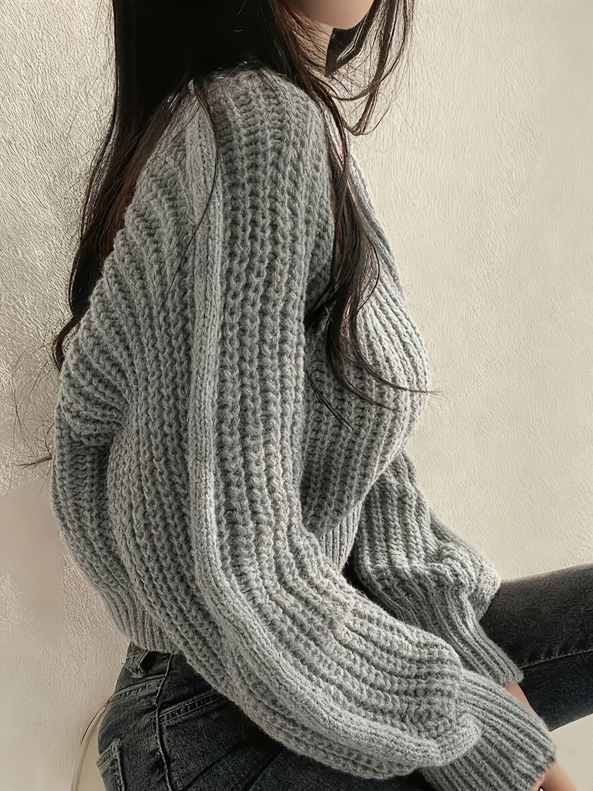 Sweater Women'S Round Neck Design Cable Texture Loose Long Sleeve Textured Three-Dimensional Interpretation Easy Cool Wear Atmosphere All-Match Top Pullover - Grey