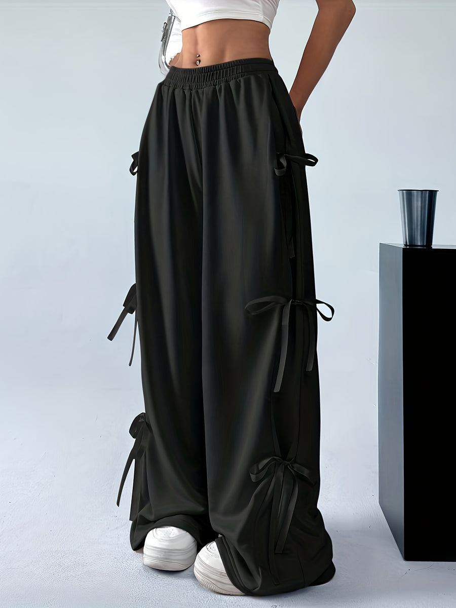 Plus Size, Plus Size Women's Casual Slacks with Bow Accents - All-Season Trousers, Straight-Leg Design, Machine Washable Solid Color Pants for Everyday Comfort - Black