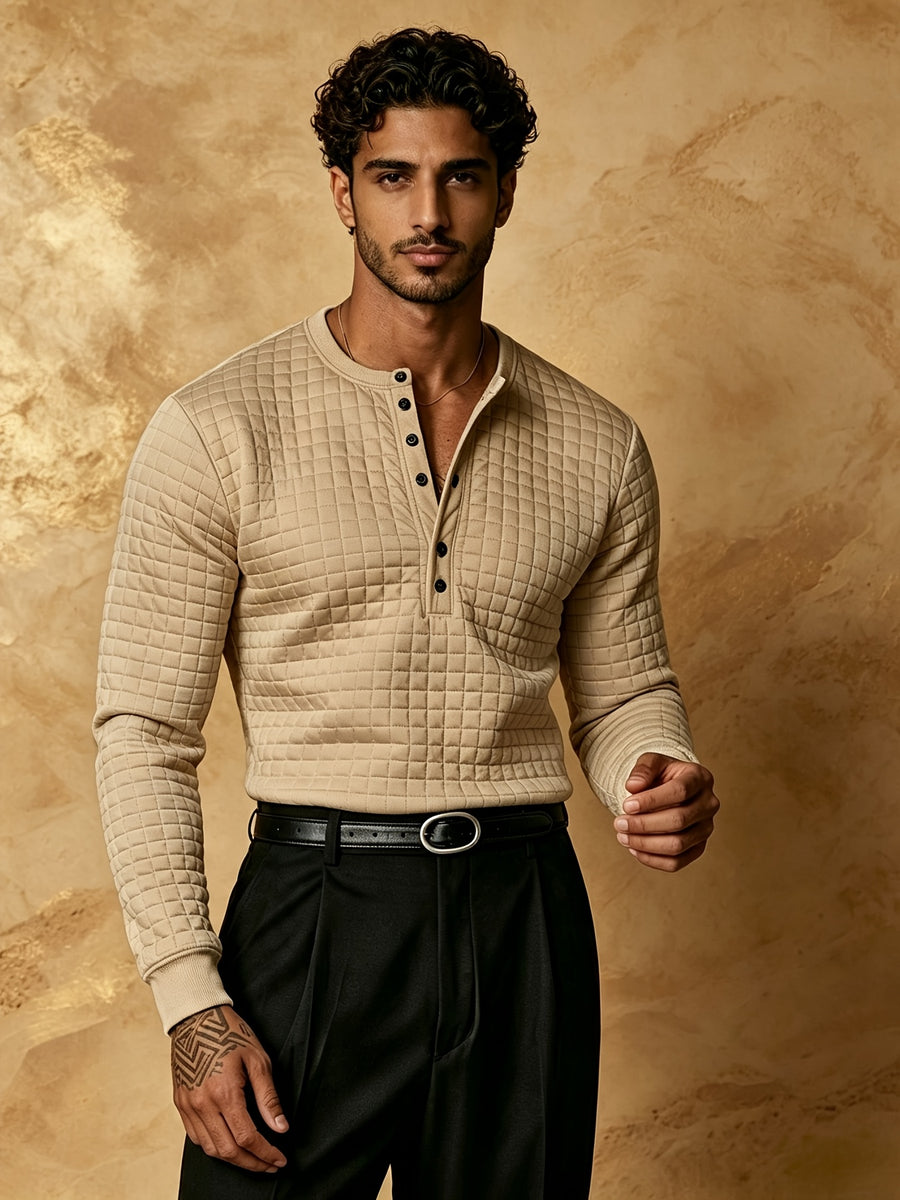 Early Autumn New Men'S Textured Plaid Patchwork Henley Long Sleeve Shirt, 7-Button Casual Collar Soft Long Sleeve T-Shirt, Mature And Atmospheric Regular Fit, Golf And City Outing Wear - Khaki