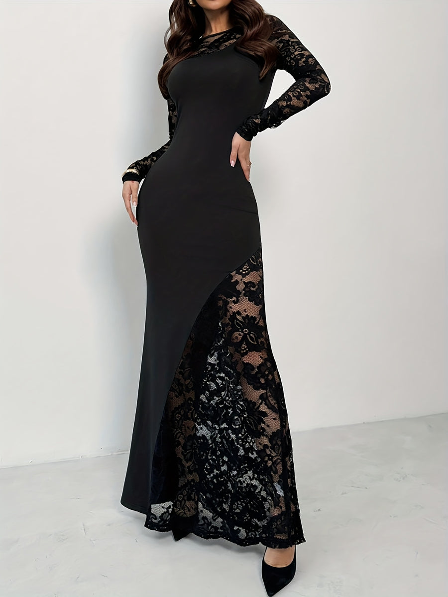 Ladies Elegant And Exquisite Lace Stitching Round Neck Slim Long Sexy Pullover Black Dress - Black